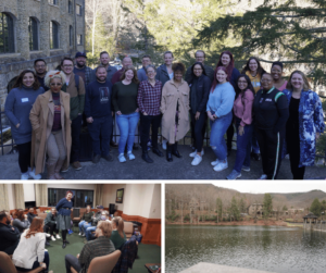 Group photo on the top, the group playing games on the bottom left and then the lake at the retreat center on the bottom right. 